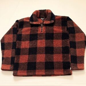 Eddie Bauer Pullover Faux Sherpa, Size M, Rust Navy Brown